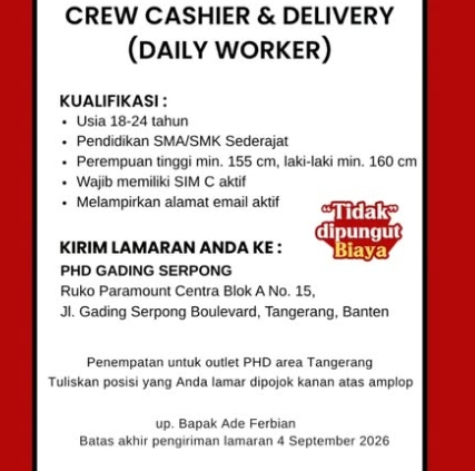Loker CREW CASHIER & DELIVERY